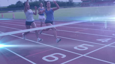 animation of group of happy diverse female runners running over light spots