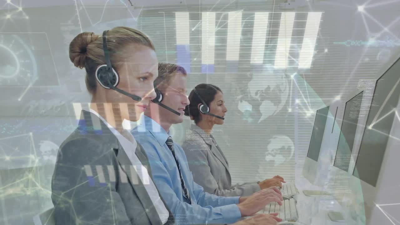 animación de la red de conexiones con iconos sobre personas de negocios que usan auriculares telefónicos