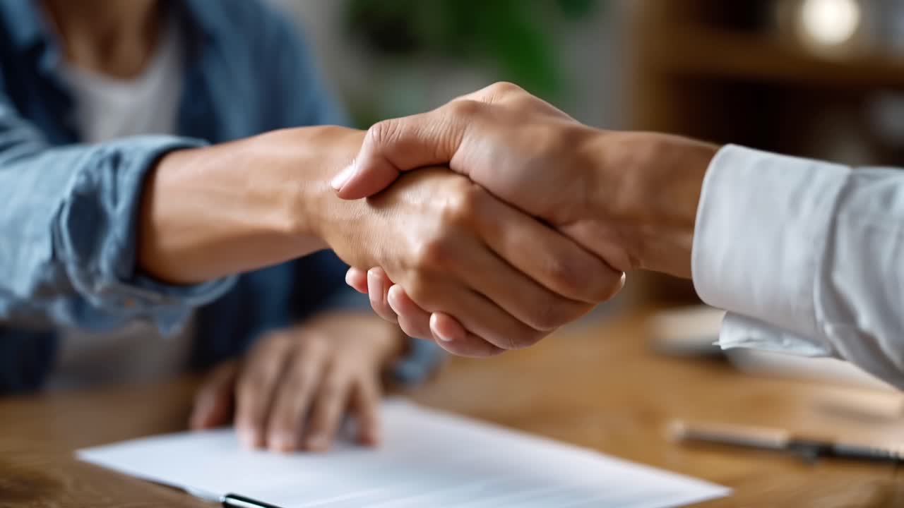 Two Individuals Engaging in a Firm Handshake to Seal an Agreement Demonstrating Trust, Partnership, and Collaboration in a Professional Setting