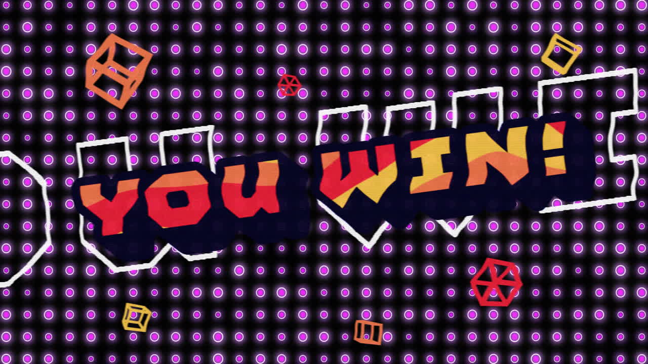 Animation of you win text over purple shapes