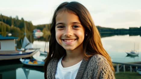 a young girl smiles happily at the camera while standing near a lake.