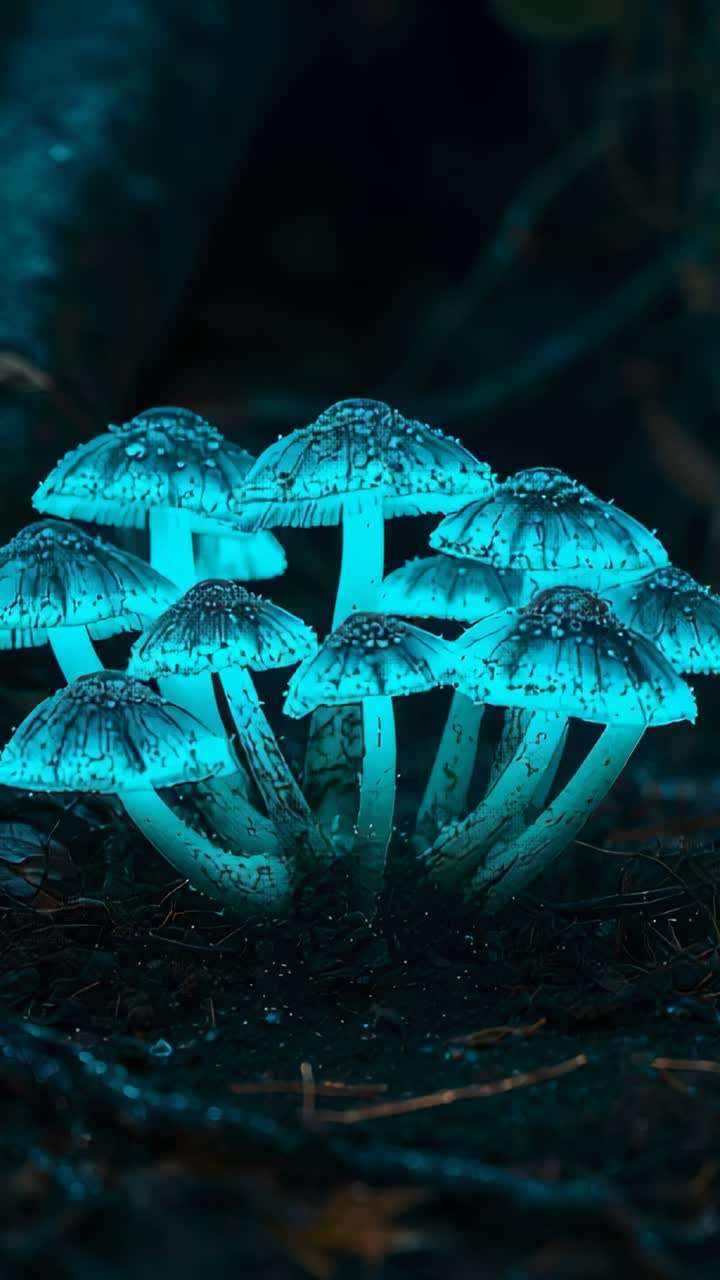 Video verticale: rivelazione di un gruppo di funghi luminosi e pulsanti sul suolo della foresta, con deriva della telecamera e rugiada