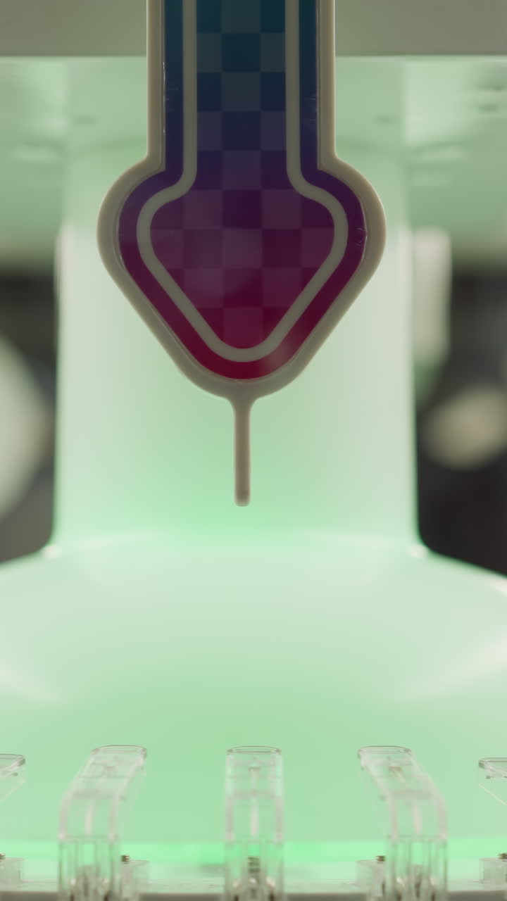 primer plano de un objeto cilíndrico verde iluminado con diseño de flecha con patrón de tablero de ajedrez en una configuración mecánica moderna giratoria, rodeado de vidrio reflectante y luces brillantes suaves en el centro comercial