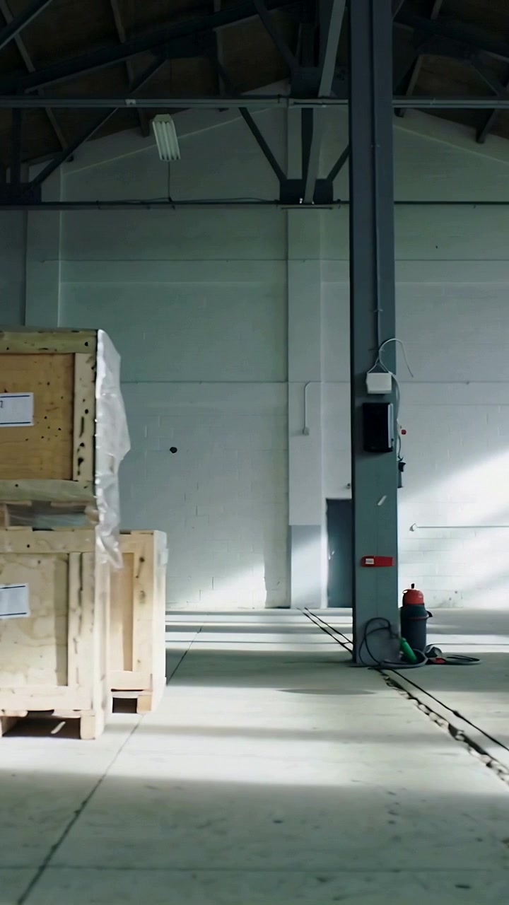 Vertical video: Panning camera showing stacked wooden crates on pallets in warehouse for inventory