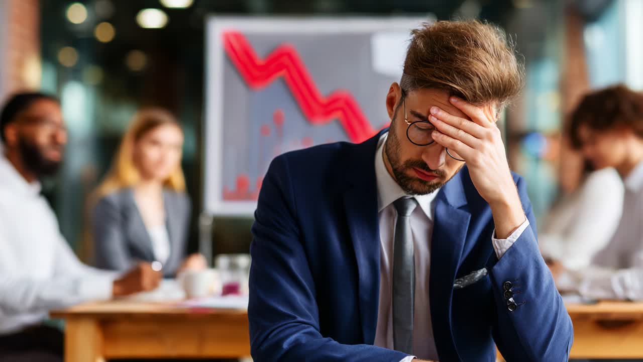 A distressed businessman sitting at a conference table, contemplating challenges while coworkers discuss in the background, depicting stress and the impact of economic downturns