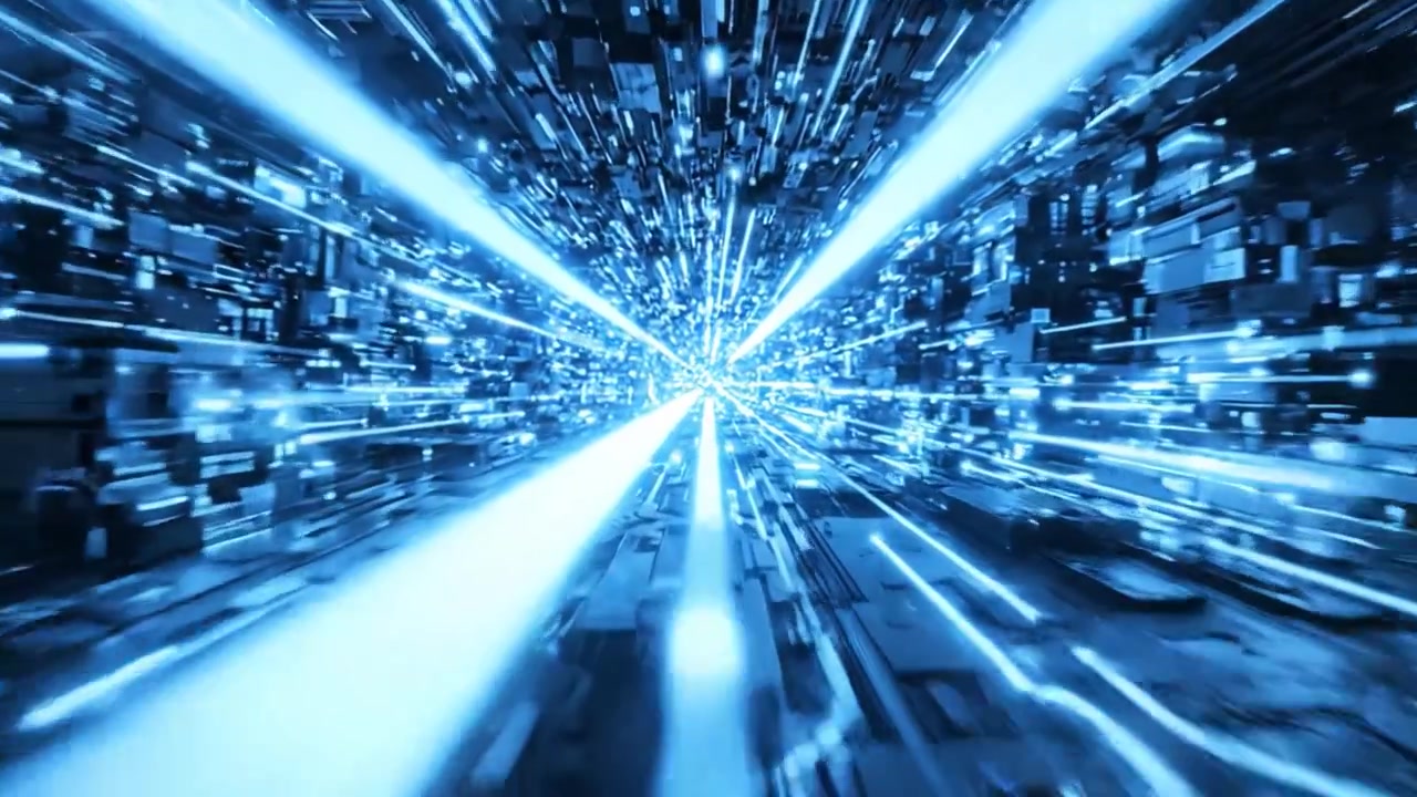Esplorando dimensioni digitali: un viaggio attraverso un paesaggio cibernetico di luce e geometria, che cattura l'essenza del flusso di dati futuristico e della profondità tecnologica.