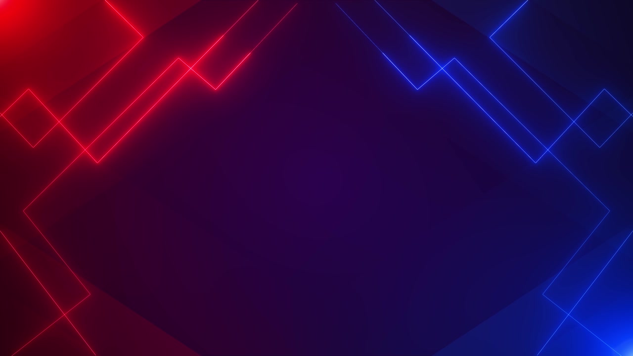 Red blue neon geometric background glowing angular lines dark purple center space modern abstract