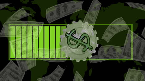 animación de los símbolos del dólar sobre los billetes y el mapa del mundo sobre fondo negro