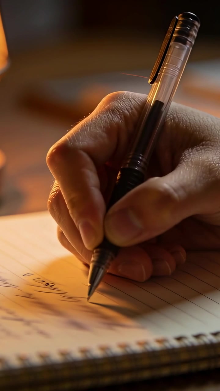Vertical video: Touching transparent pen, right hand making marks on spiral pad at desk, warm lamp