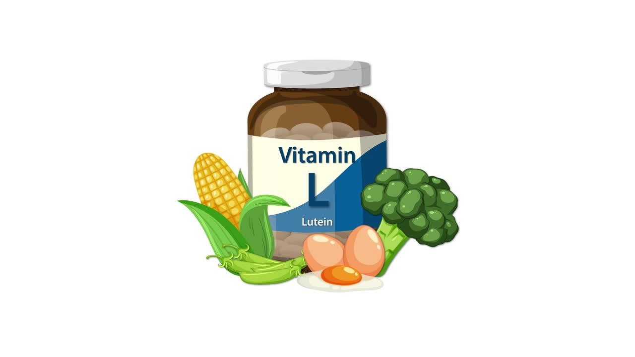 Vitamin lutein bottle label reveals, surrounded by corn, broccoli, eggs, and peas on white background
