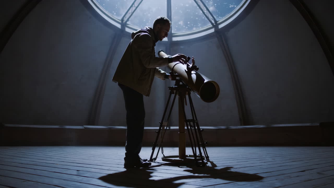 Man Observing the Night Sky Through a Telescope
