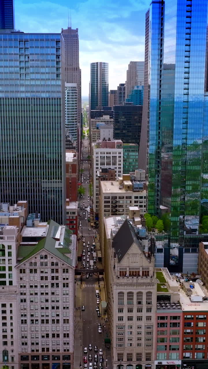 Nice buildings of amazing Chicago. Drone footage descending the beautiful city. Straight road going through the quarter. Vertical video