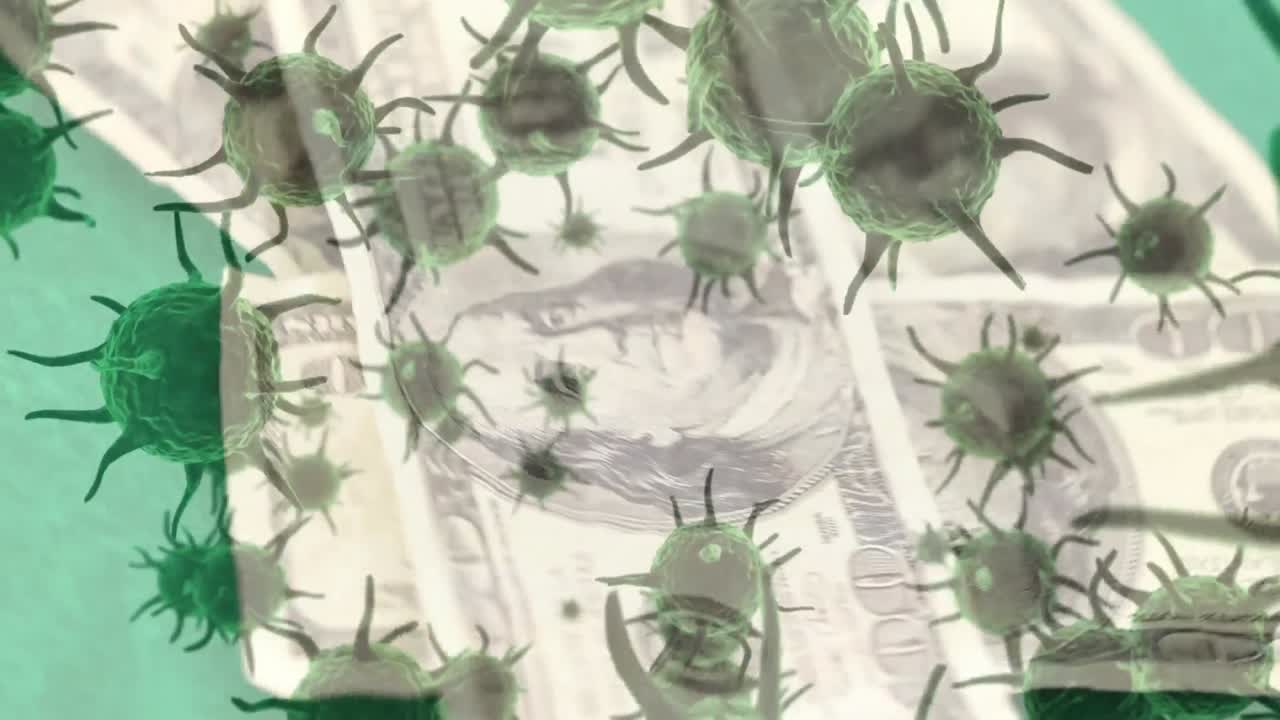 거시적인 코로나19 세포와 떠다니는 미국 달러 지폐의 애니메이션.