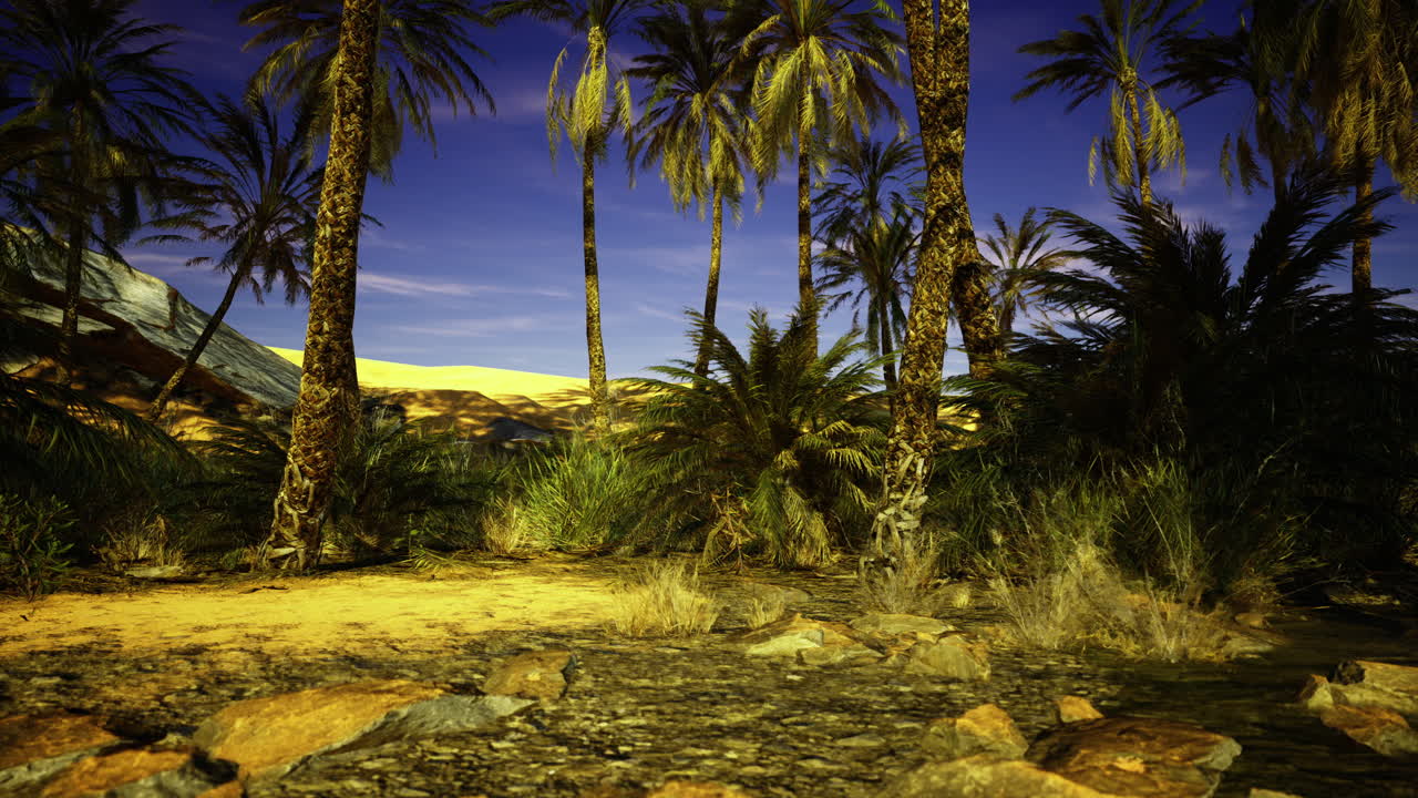 Desert oasis landscape with palm trees and sandy dunes under twilight sky