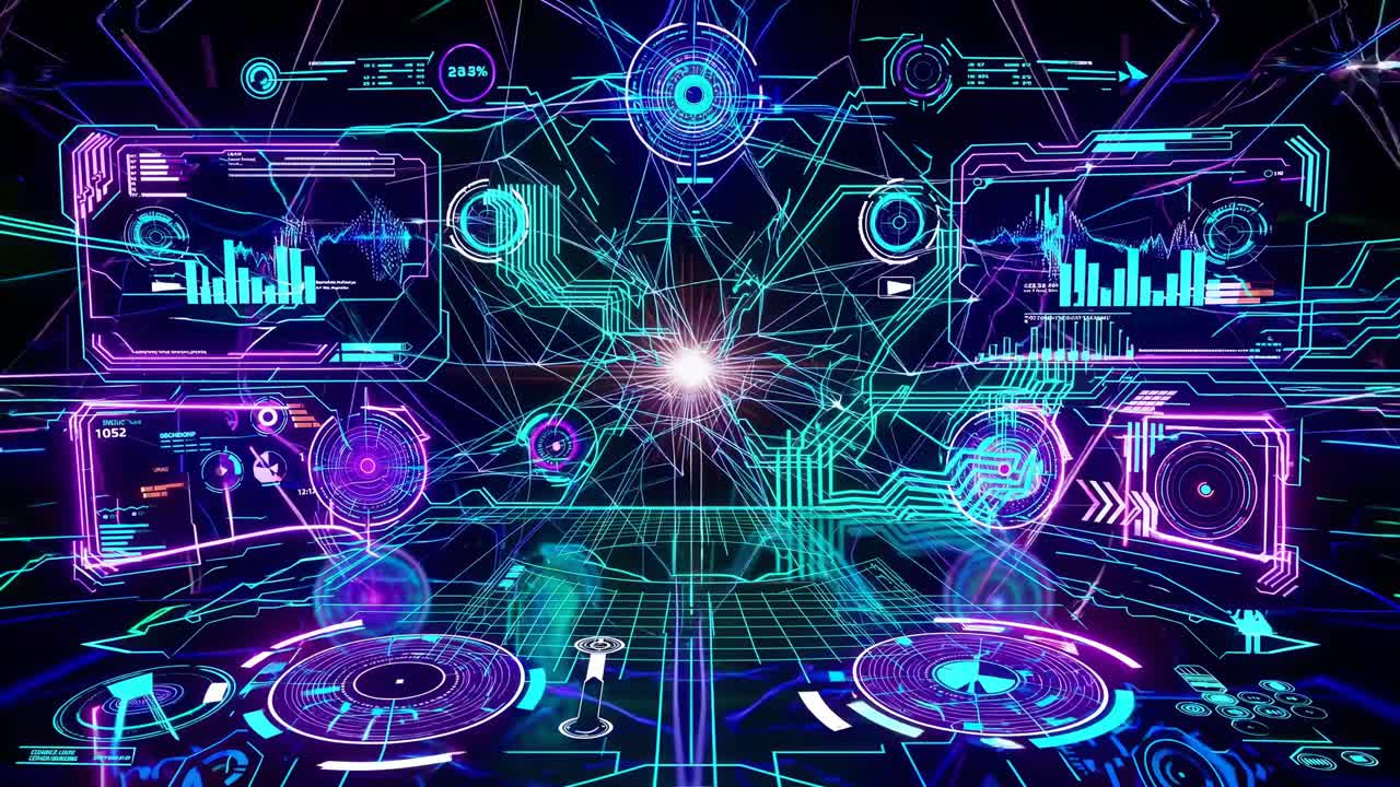 Futuristic video interface with neon holographic displays
