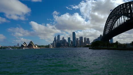 The-Sydney-Opera-House-and-famous-Harbour-Bridge-seen-from-a-lookout-viewpoint-across-Parramatta-River-stable,-calm-and-relaxing-in-panoramic-and-scenic-wide-angle-view