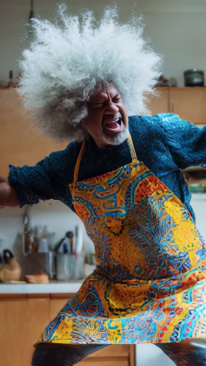 Creative Culinary Expression: An Energetic Chef with Unique Hair and Vibrant Apron Showcases Passion for Cooking in a Dynamic Kitchen Environment