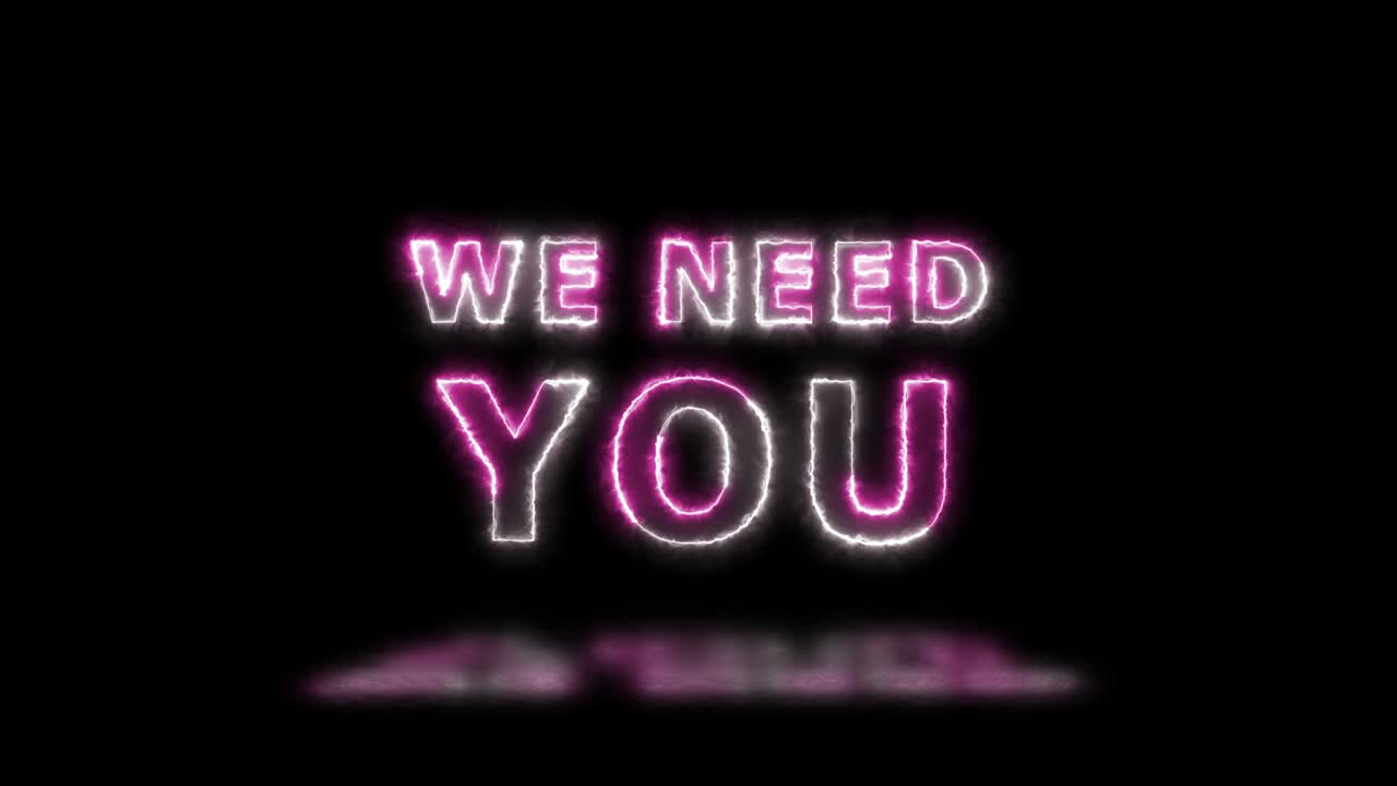 '우리는 당신을 필요로합니다' 분홍색과 색 에너지 경계선 표지 애니메이션 바닥에 반사 간단한 원활한 루프 애니메이션 텍스트 4k 타이포그래피 모션 그래픽