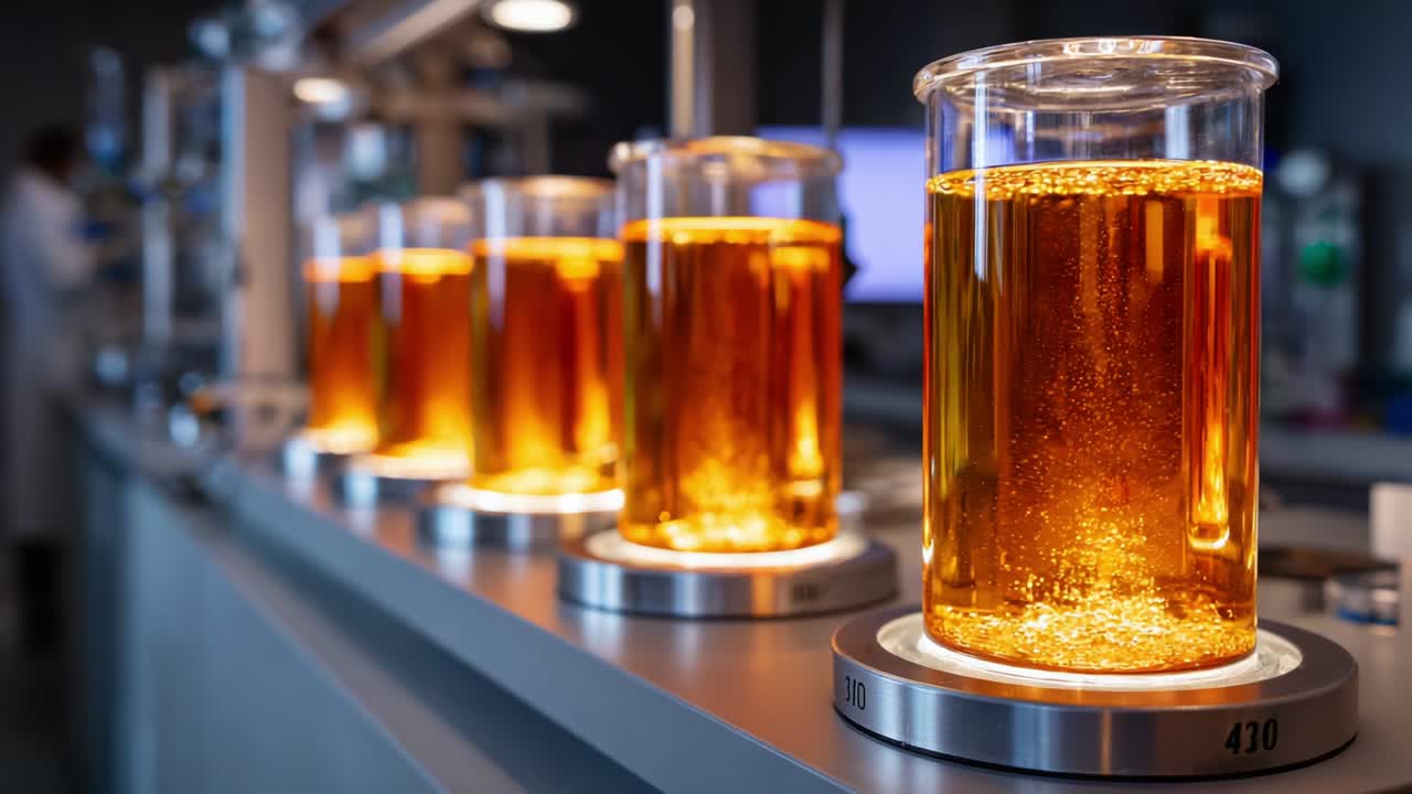 A Close-up View of Lit, Glowing Beakers Filled with a Viscous Orange Liquid, Set Against the Background of a Modern Laboratory, Showcasing Scientific Research in Action and the Process of Experimentation