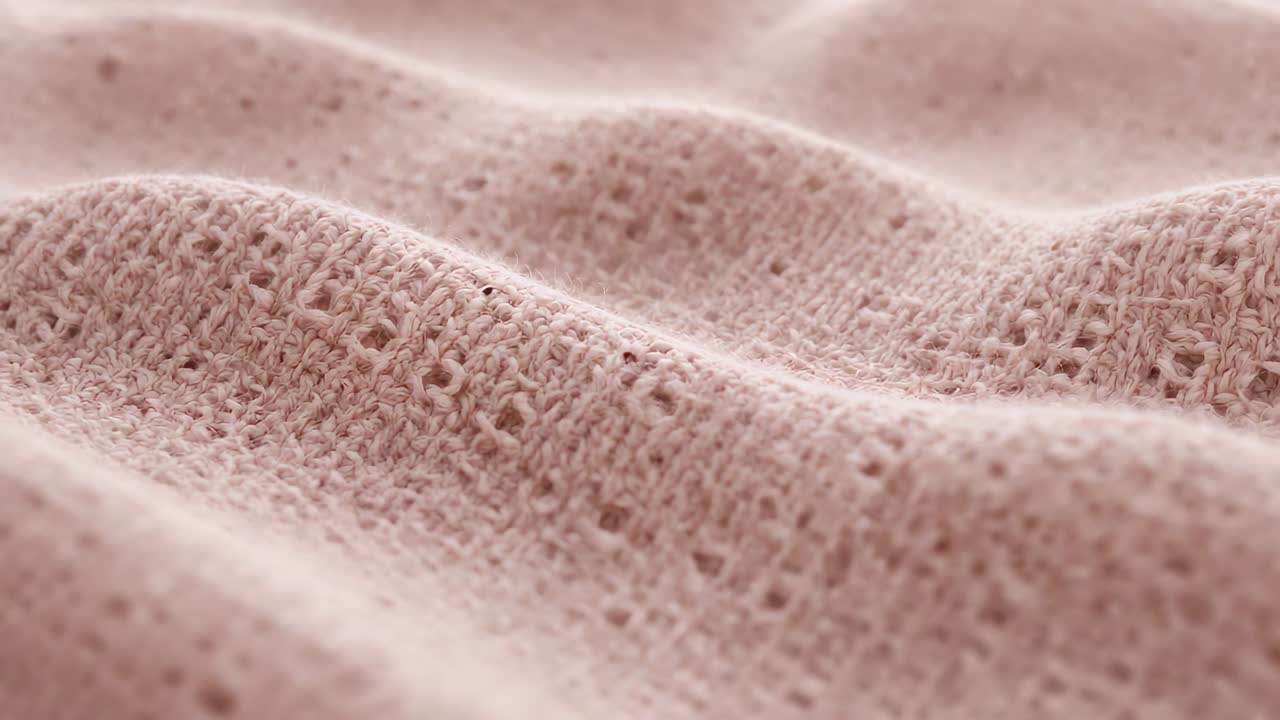 Câmera panorâmica mostrando um tecido tricotado rosa ganhando foco em um estúdio e revelando detalhes