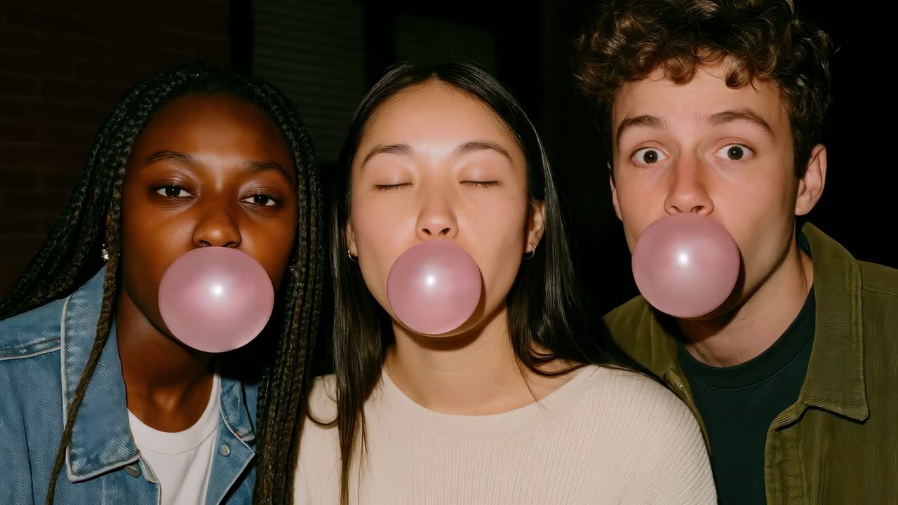 Three friends blowing bubblegum, captured in a close-up, eye-level angle