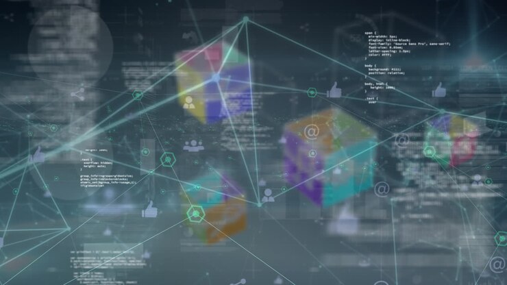 Animation of network of connections and cubes over diverse data processing on screen