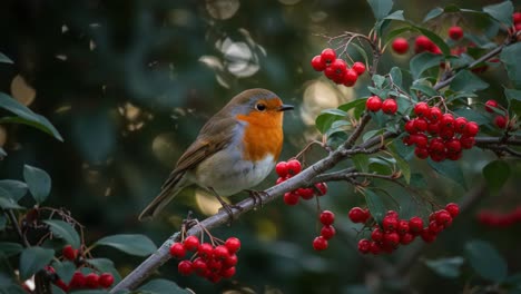 a charming bird delicately perched among vibrant red berries, capturing nature's beauty and tranquility in this serene moment of wildlife