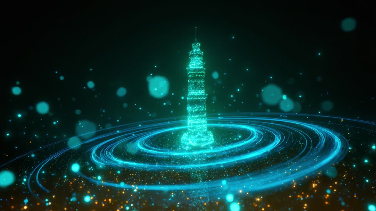 Futuristic Digital Tower: A Mesmerizing Glimpse into a High-Tech World of Neon Lights and Dynamic Particles Creating an Enchanting Visual Experience in Motion