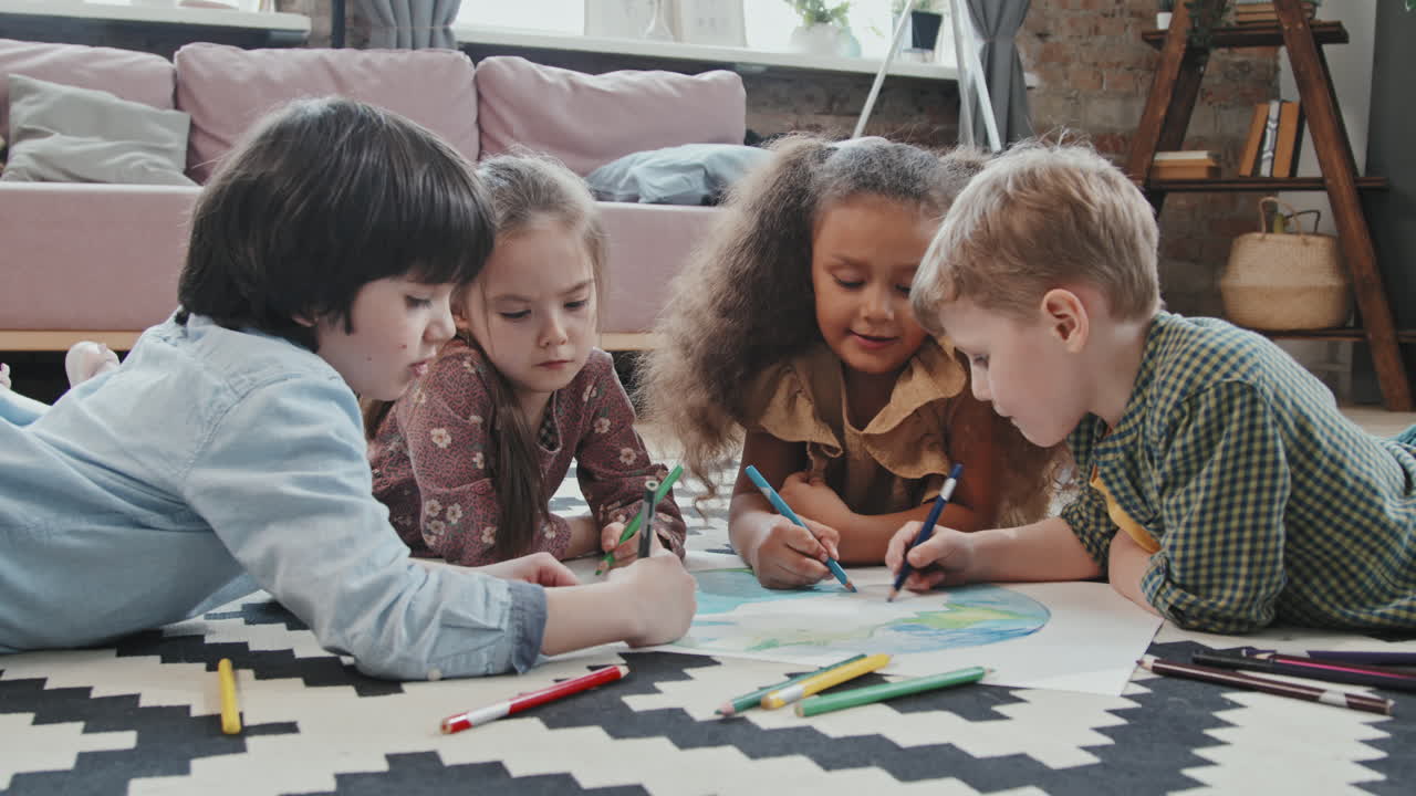 Cute Kids Lying on Rug and Coloring