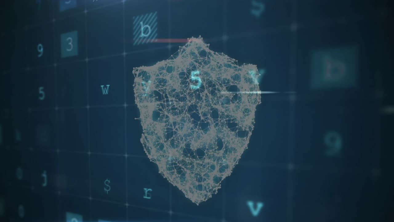 animazione di avvertimento di cyberattacco sopra l'icona dello scudo su sfondo nero.