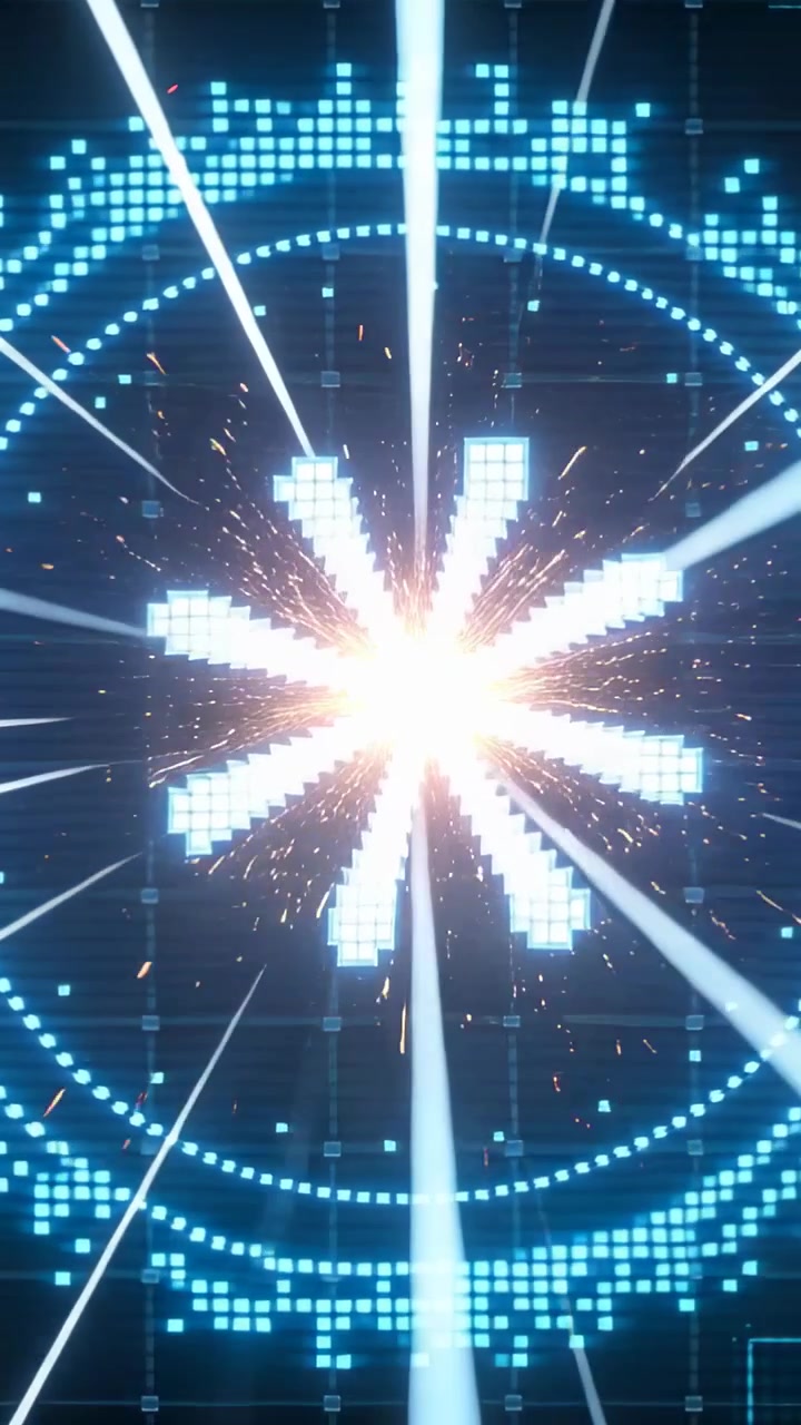 Vídeo vertical: Explosão estelar de pixels central piscando ativando HUD, enviando feixes e faíscas