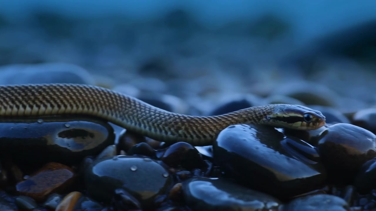 Serpente che striscia, su terreno roccioso, con rocce, con texture rocciosa, da una prospettiva ravvicinata, con accenti blu e marroni, e un'atmosfera naturale calma, con luce chiara e composizione equilibrata