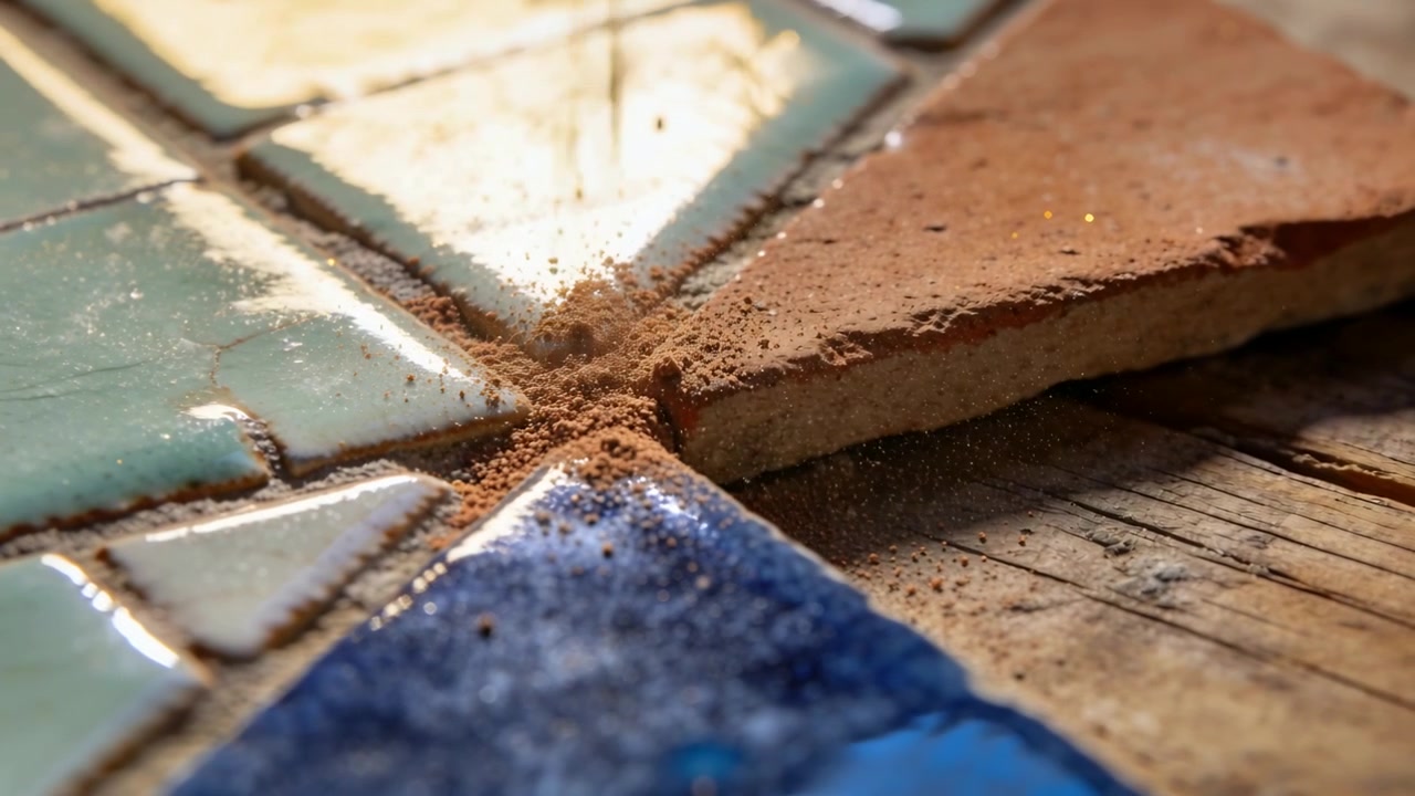 Añadiendo polvo de lechada marrón que produce una pulverización de polvo y se asienta para rellenar la junta en azulejos esmaltados de taller