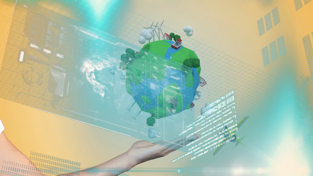 Hand holding digital globe with airplane and wind turbines animation