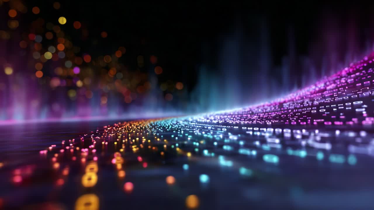 A mesmerizing display of vibrant lights reflecting on water's surface, enhanced by colorful fountains creating a captivating visual experience, blending technology and artistry in an enchanting setting