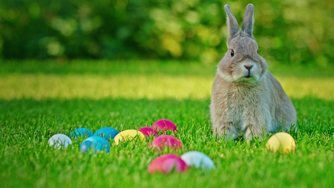 conejo de pascua en un jardín con huevos