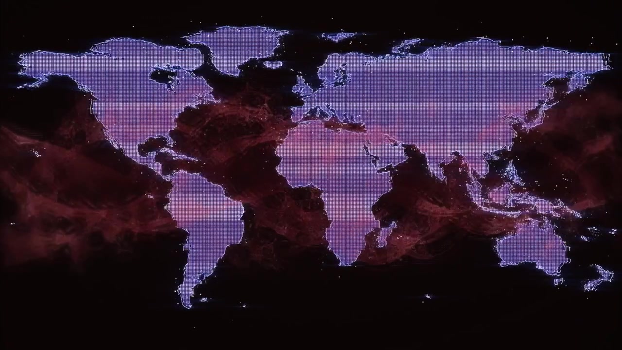 Stylized world map pulsing scanlines, triggered by rising red-purple nebula, highlighting coasts