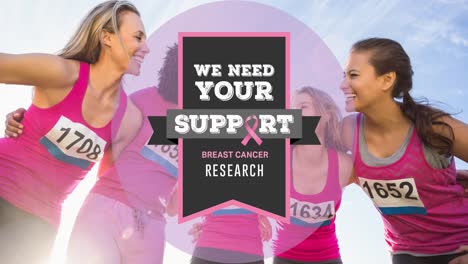 Animation-of-you-need-support-and-pink-ribbon-over-group-of-happy-fit-diverse-women