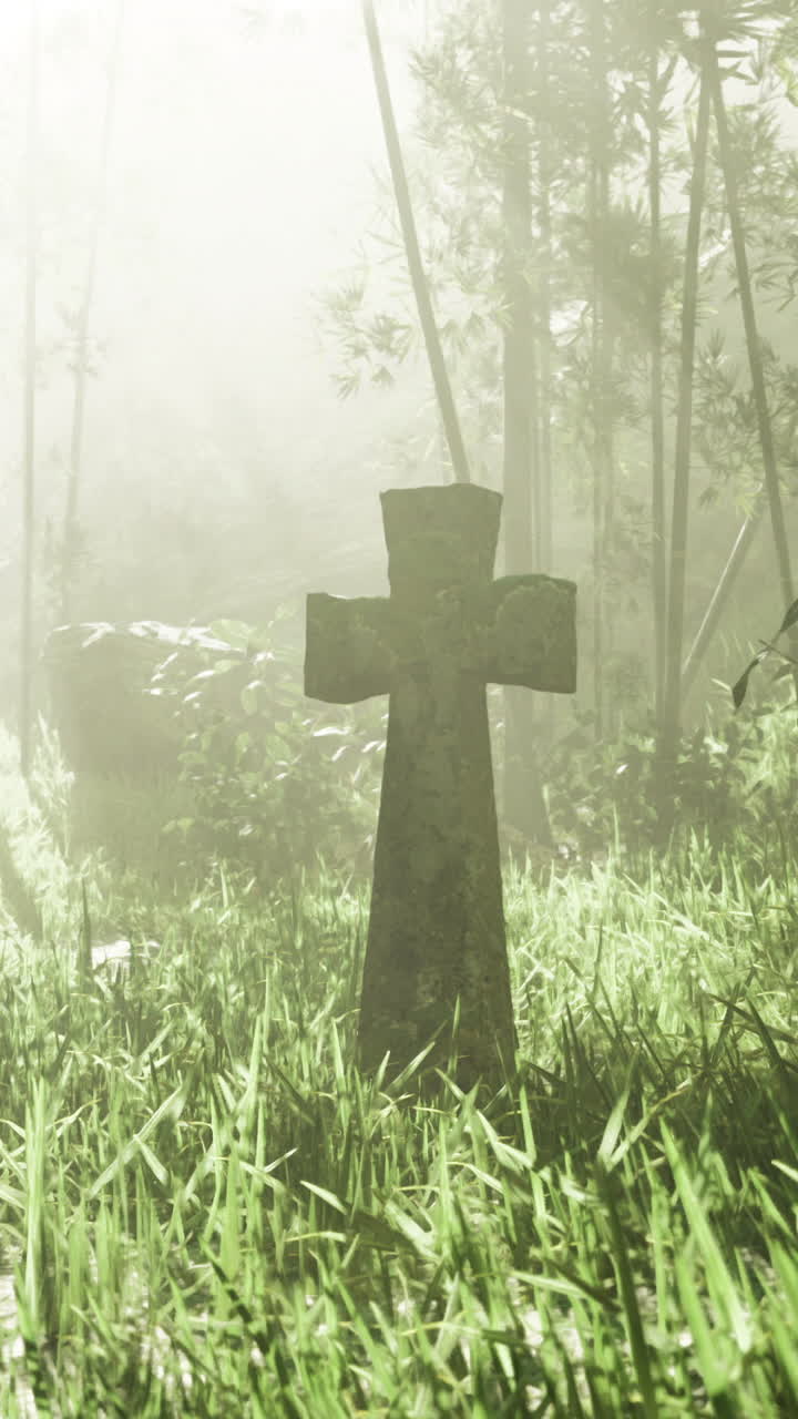 Cross standing alone in misty forest with sunlight filtering through trees