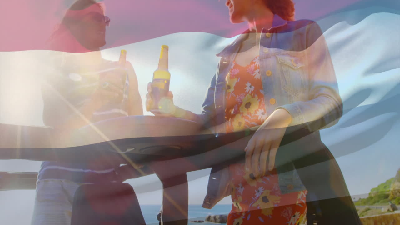 야외에서 술을 즐기는 사람들 위에 네덜란드 발 애니메이션