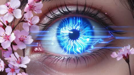 technological eye with sakura blossoms