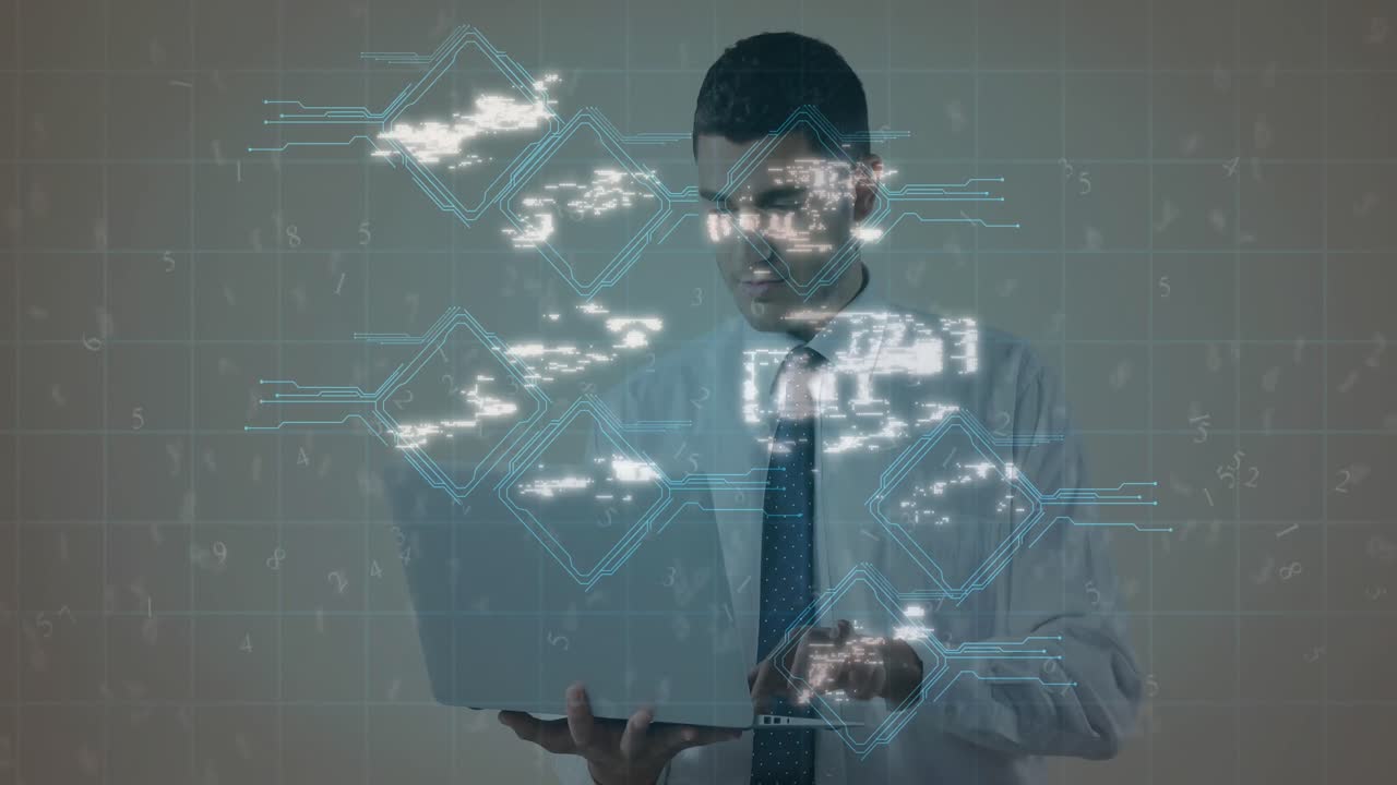 노트북을 사용하는 사업가에 대한 디지털 아이콘 네트워크