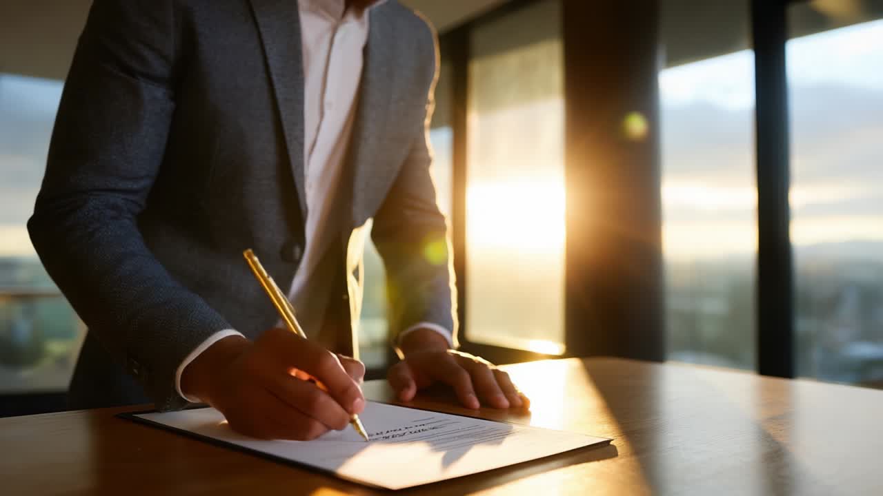 A Professional Man Diligently Signing Important Documents at a Desk with a Beautiful Sunset in the Background, Capturing a Moment of Decision-Creating and Commitment in a Stylish Office Environment