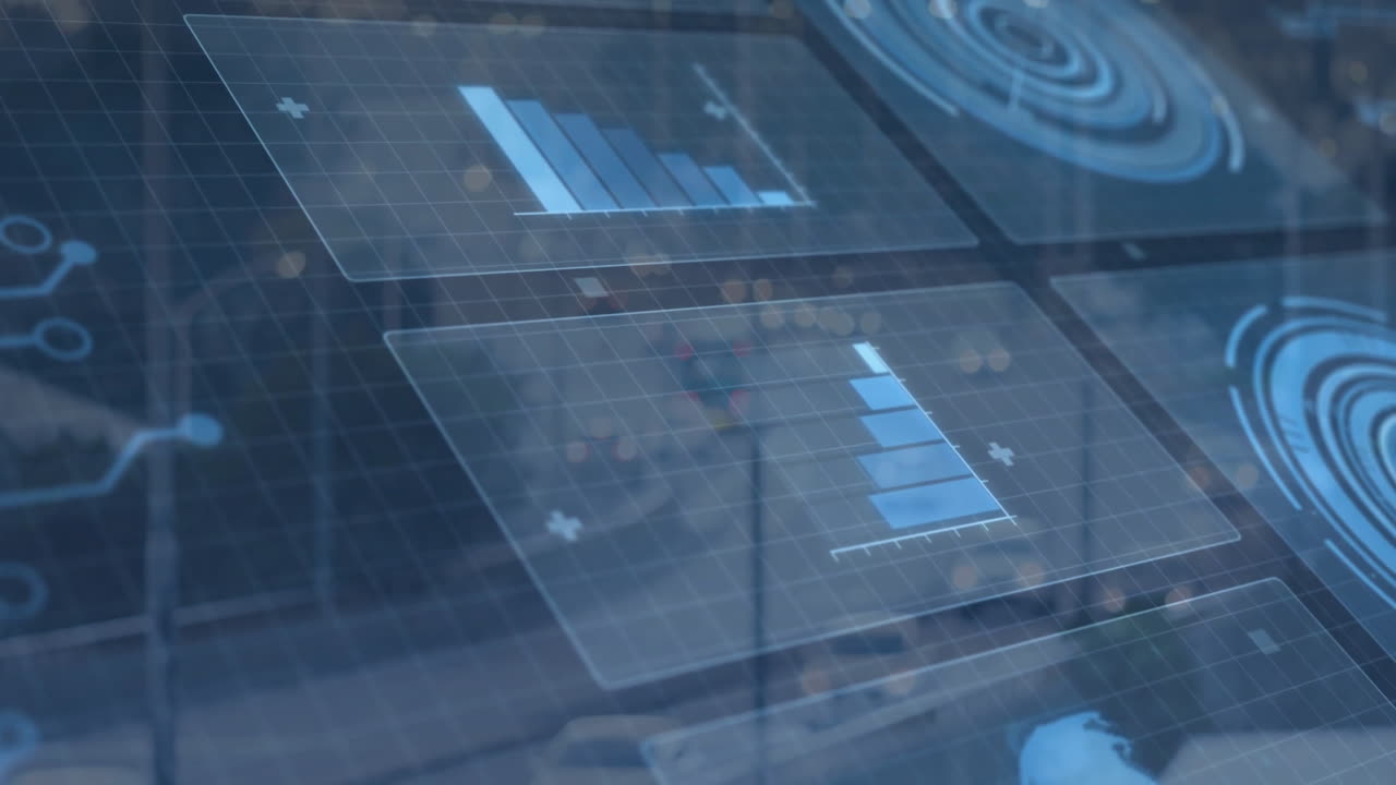 Futuristic dashboard displaying floating panels with blue bar charts and radar icons in 3D render