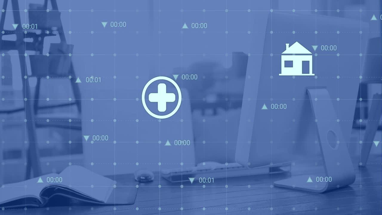 animación de iconos digitales a través de la red de cuadrícula contra el escritorio de la oficina.