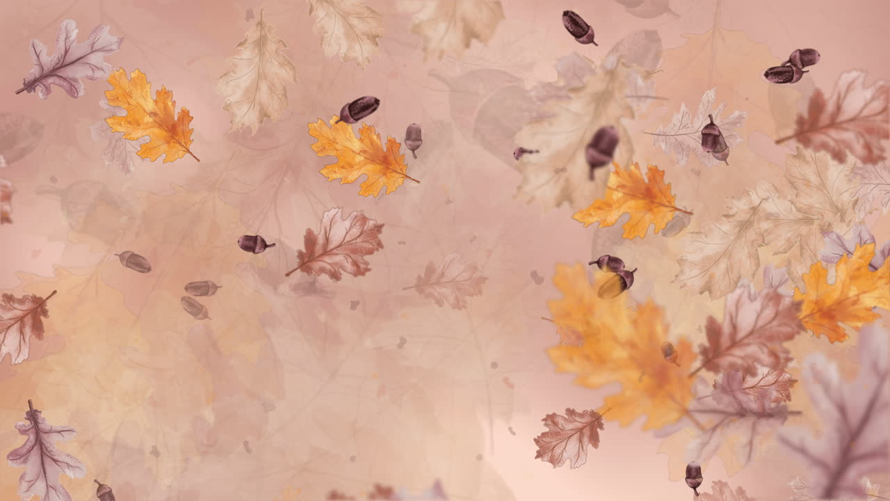 Animation of flying autumn oak leaves with acorns on a brown abstract background. Loop motion graphic. Copy space.