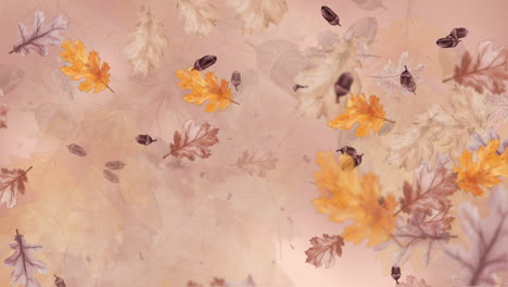 animation of flying autumn oak leaves with acorns on a brown abstract background. loop motion graphic. copy space.