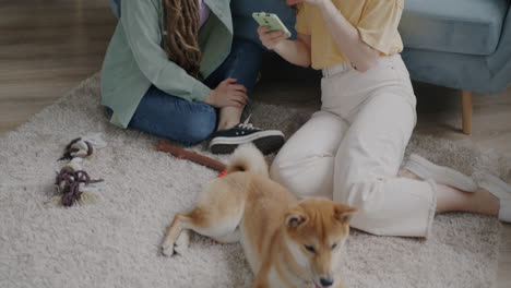 two women and their dog watching something on a phone