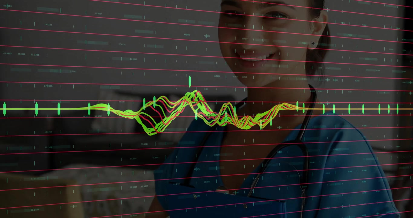 Specialista medica che analizza dati medici in ufficio con visualizzazioni animate a griglia di forme d'onda e grafici a candela.