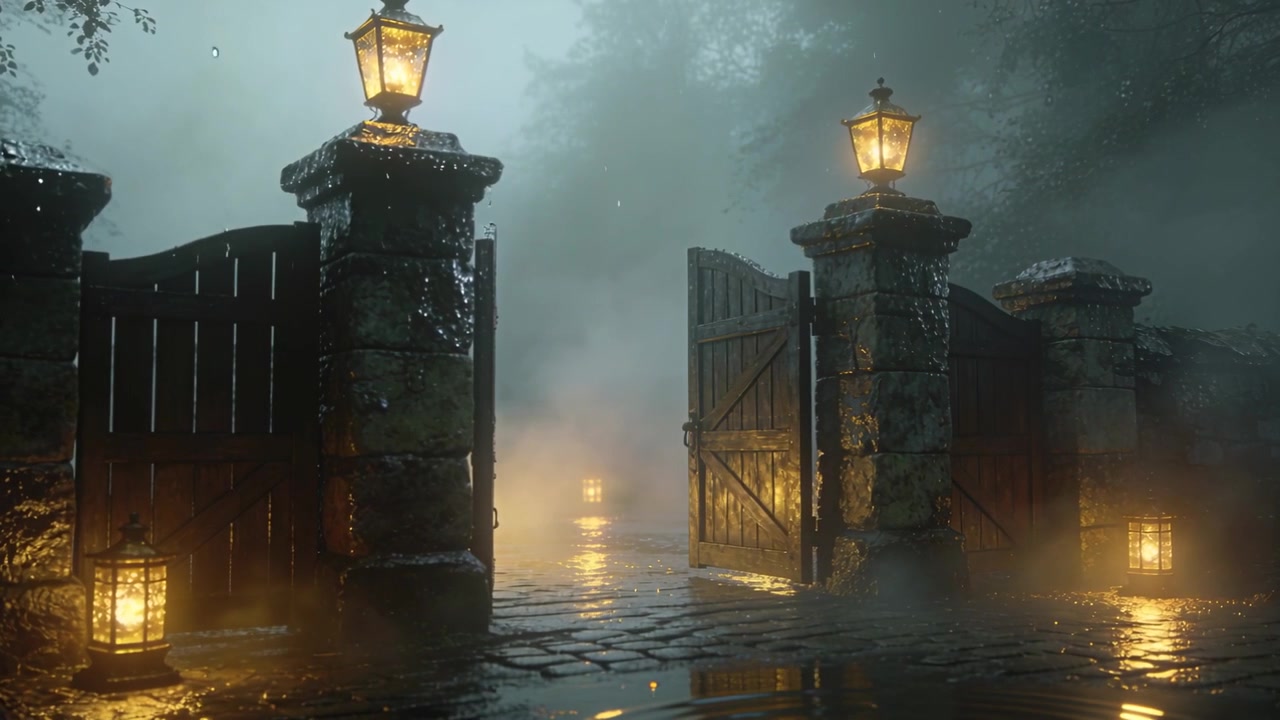Breeze nudging stone gate, swinging right wooden panel open at lanterns, foggy path revealing glow